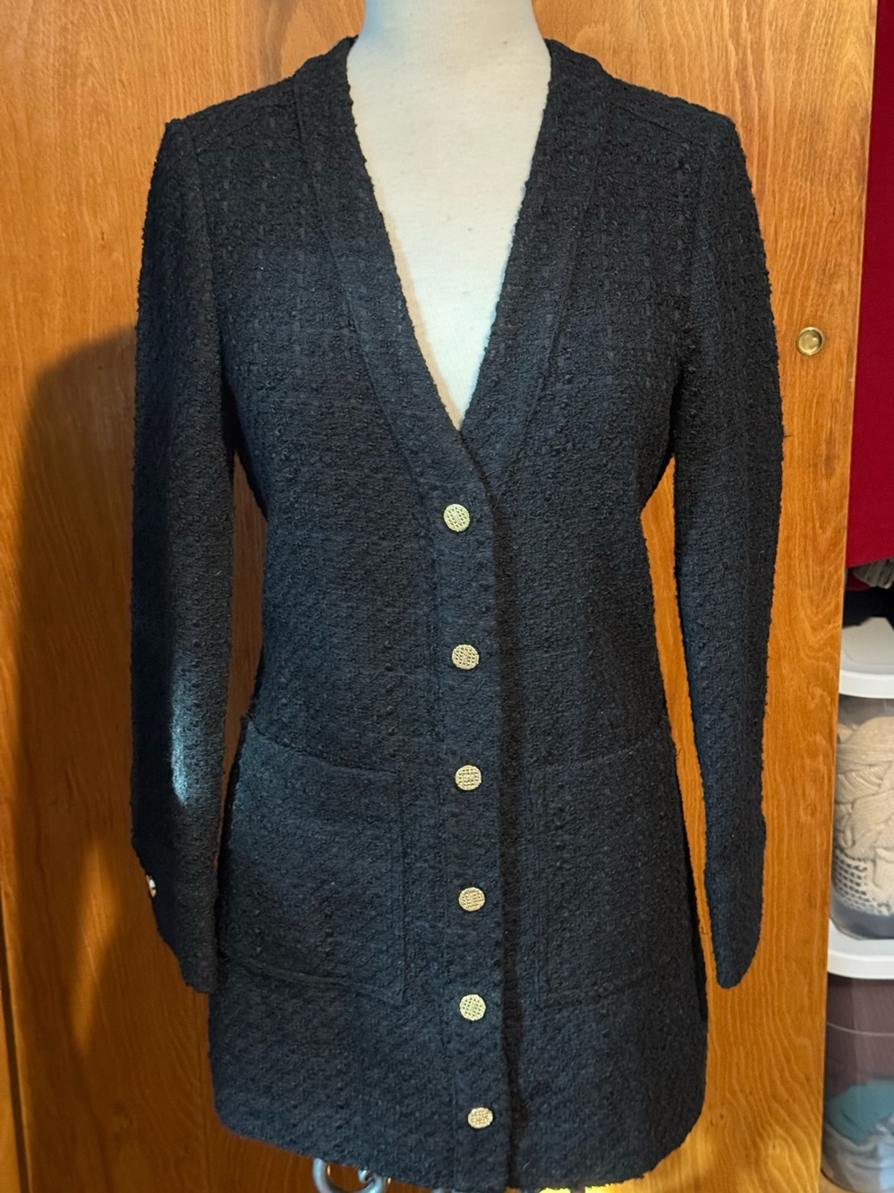 Zara Black Textured Long Blazer with Gold Buttons
